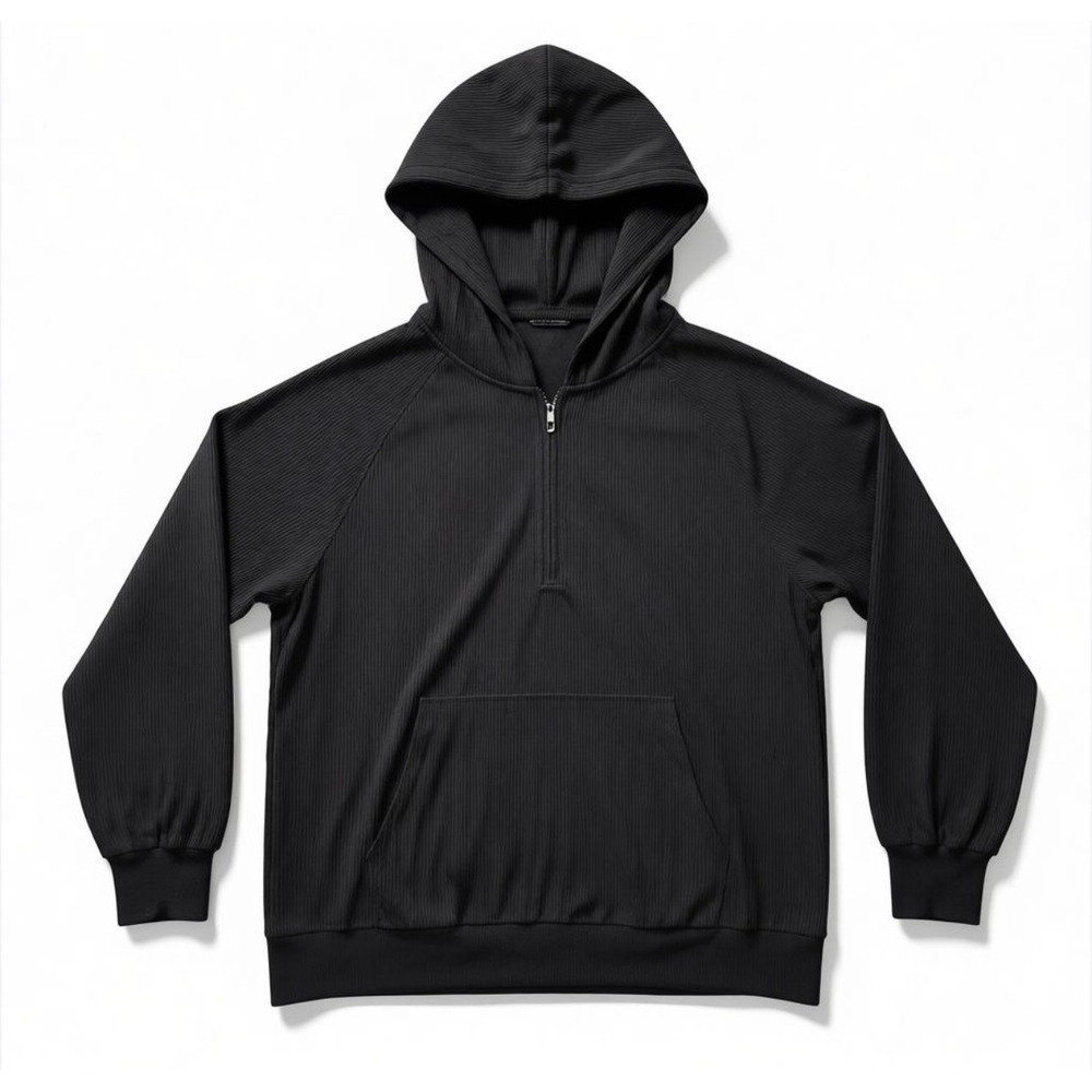 Ribbed Corduroy Hoodie Womens MED Black 1/4 Zip Henley Pullover Kangaroo Pocket